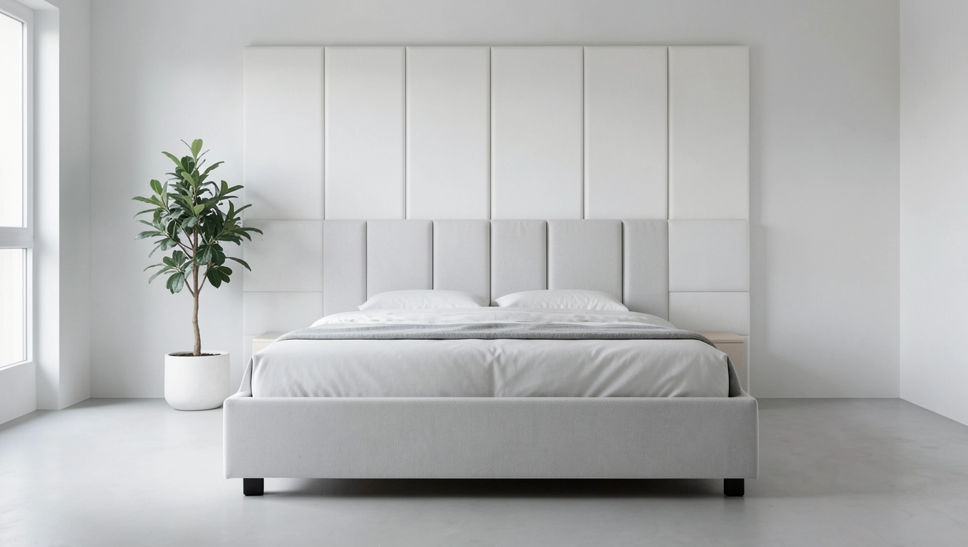 minimalistyczna sypialnia z panelami tapicerowanymi