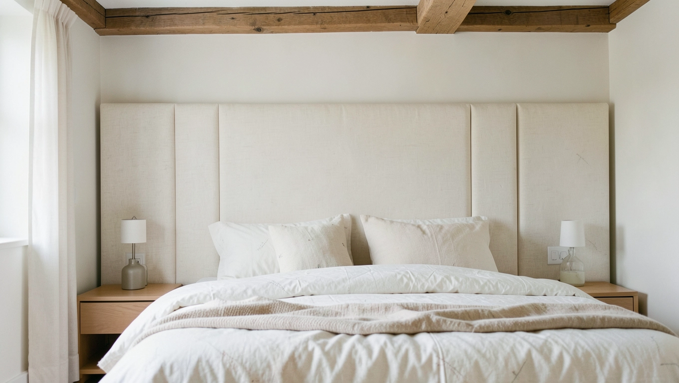 skandynawska sypialnia z panelami tapicerowanymi