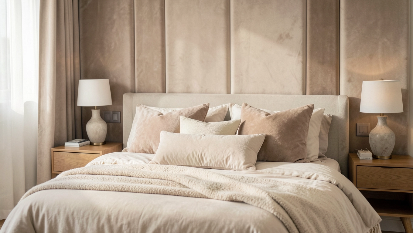 sypialnia z panelami tapicerowanymi