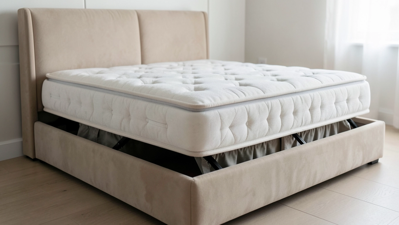 Tapicerowane łóżko kontynentalne bez wezgłowia z pojemnikiem